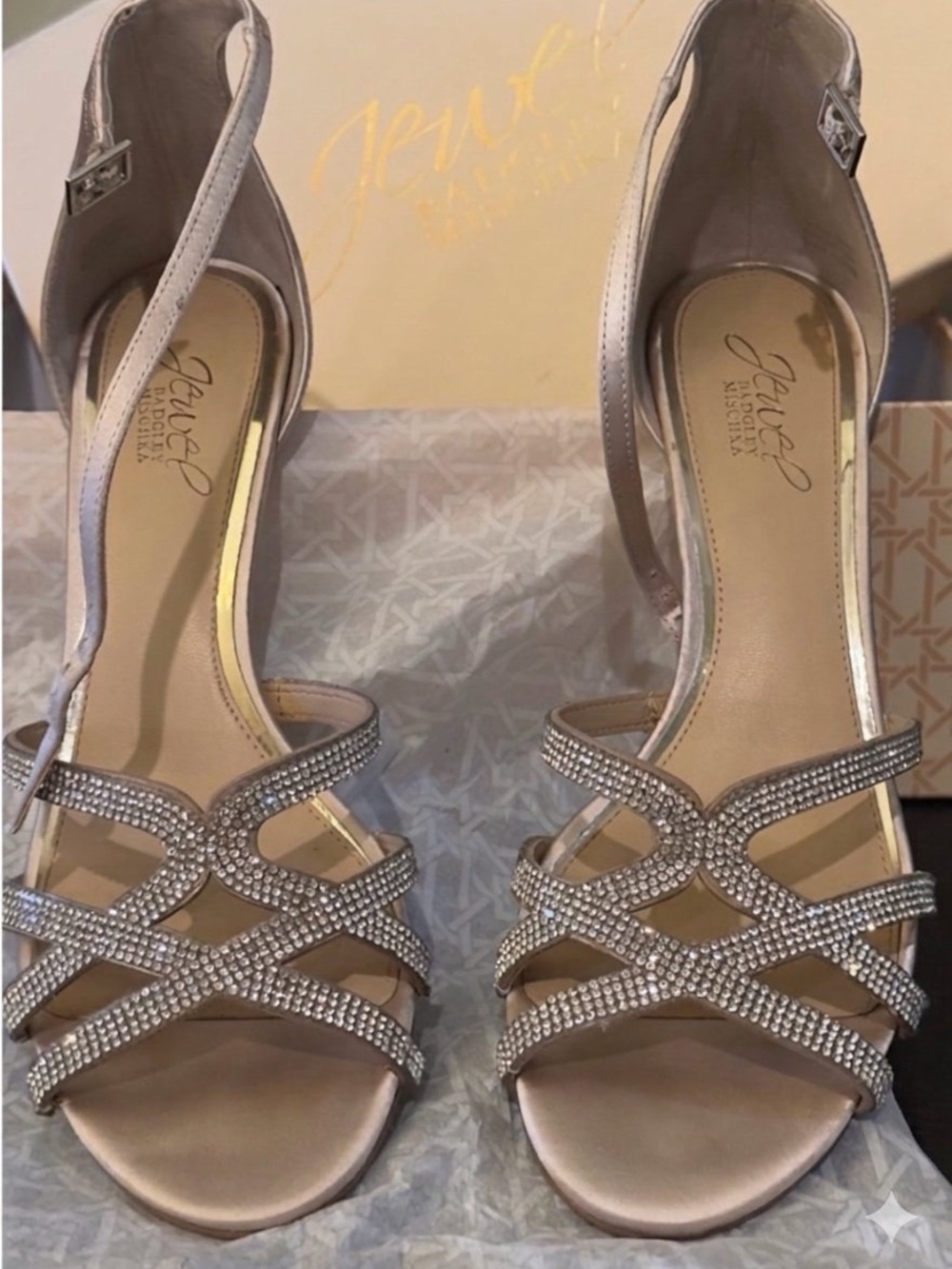 Jewel Badgley Mischka Crystal-Strap Rose Gold Satin Heels